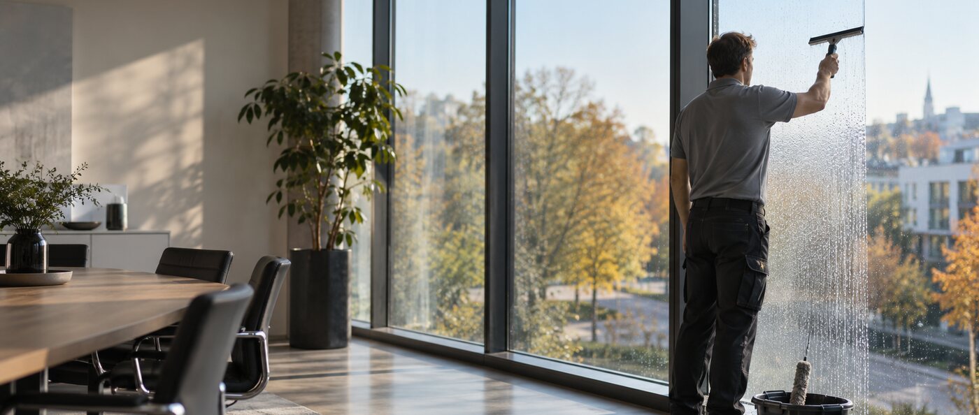Glasreiniger zieht mit dem Abzieher eine raumhohe Fensterscheibe in einem Büro ab, daneben steht der Eimer mit Einwascher