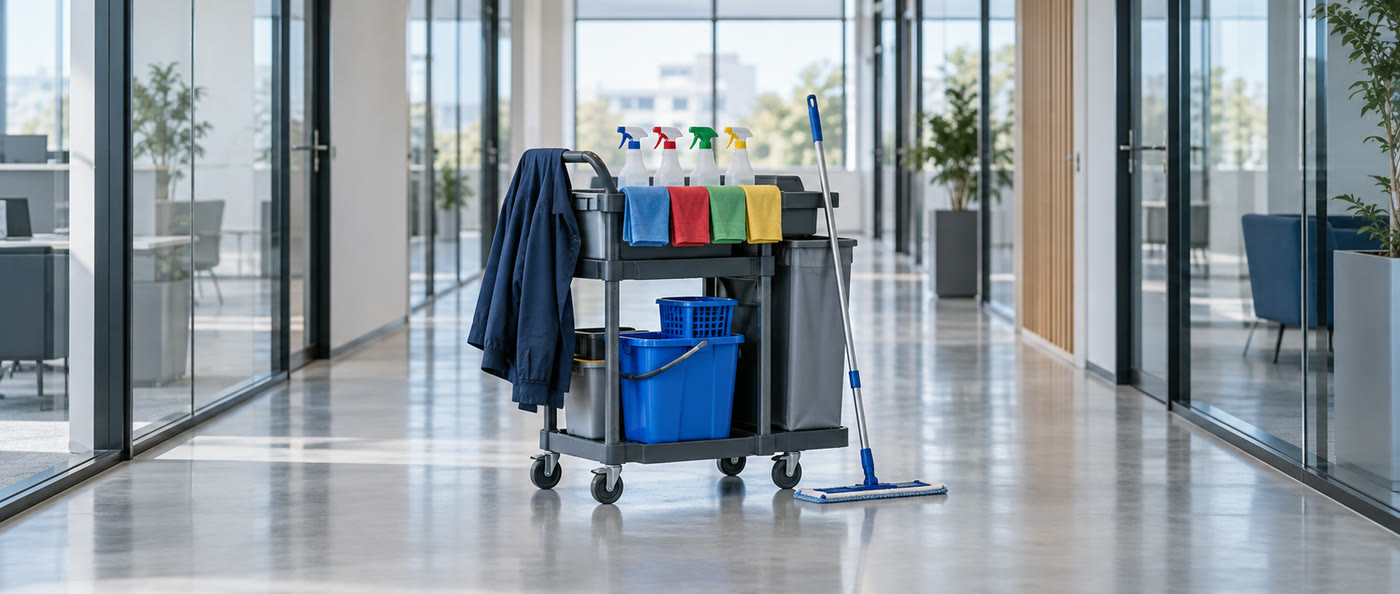 Reinigungswagen mit farbigen Mikrofasertüchern, Eimern und Wischmopp im hellen Büroflur, darüber eine dunkelblaue Arbeitsjacke