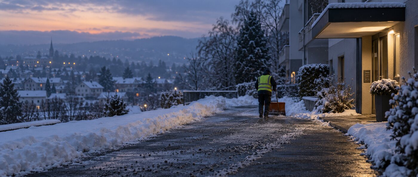 Geräumter und gestreuter Weg vor einem Wohnhaus im Morgengrauen, im Hintergrund schiebt ein Mitarbeiter den Schnee zur Seite